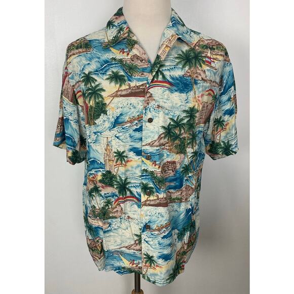 VTG Iolani Hawaii tropical floral graphic rainbow rayon button up Hawaiian shirt - Picture 1 of 4